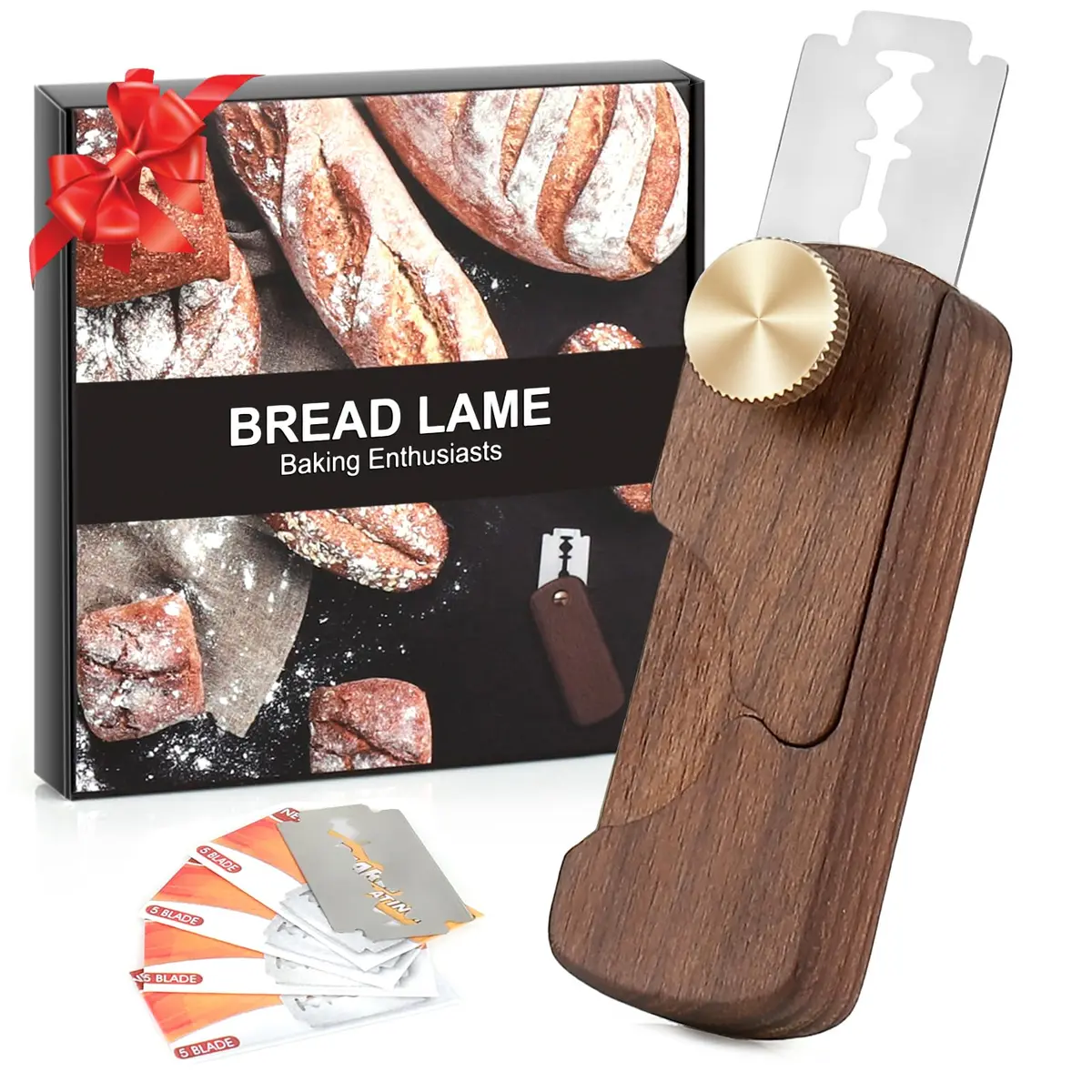 HHZPAEK Magnetic Wooden Bread Lame Dough Scoring Tool | Handcrafted Sourdough Bread Knife with 5 Razor Blades - main product image