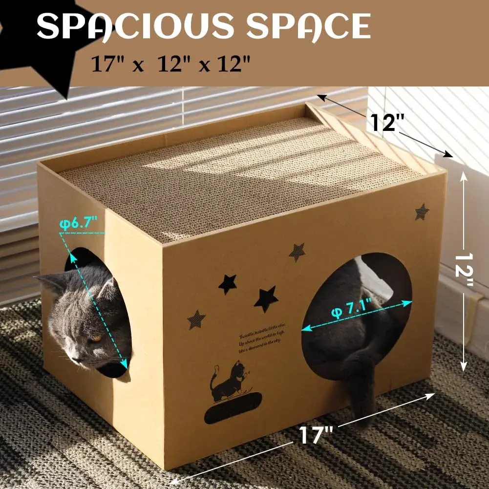 ARGOPET Cat Cardboard House with 2 Scratching Pads, 104cm x 61cm x 61cm (41"L x 24"W x 24"H) | Detachable Star Pattern Lounge - view 5