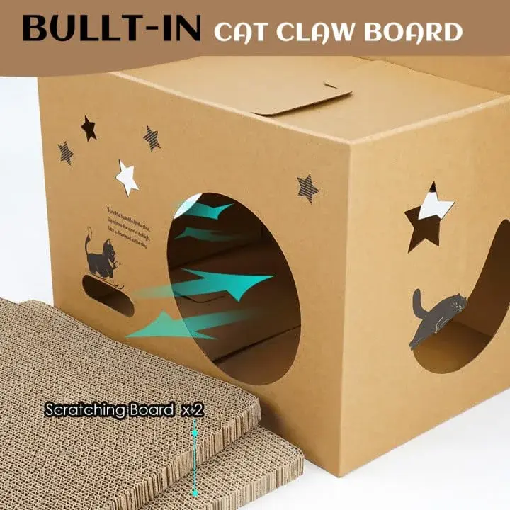 ARGOPET Cat Cardboard House with 2 Scratching Pads, 104cm x 61cm x 61cm (41"L x 24"W x 24"H) | Detachable Star Pattern Lounge - view 2