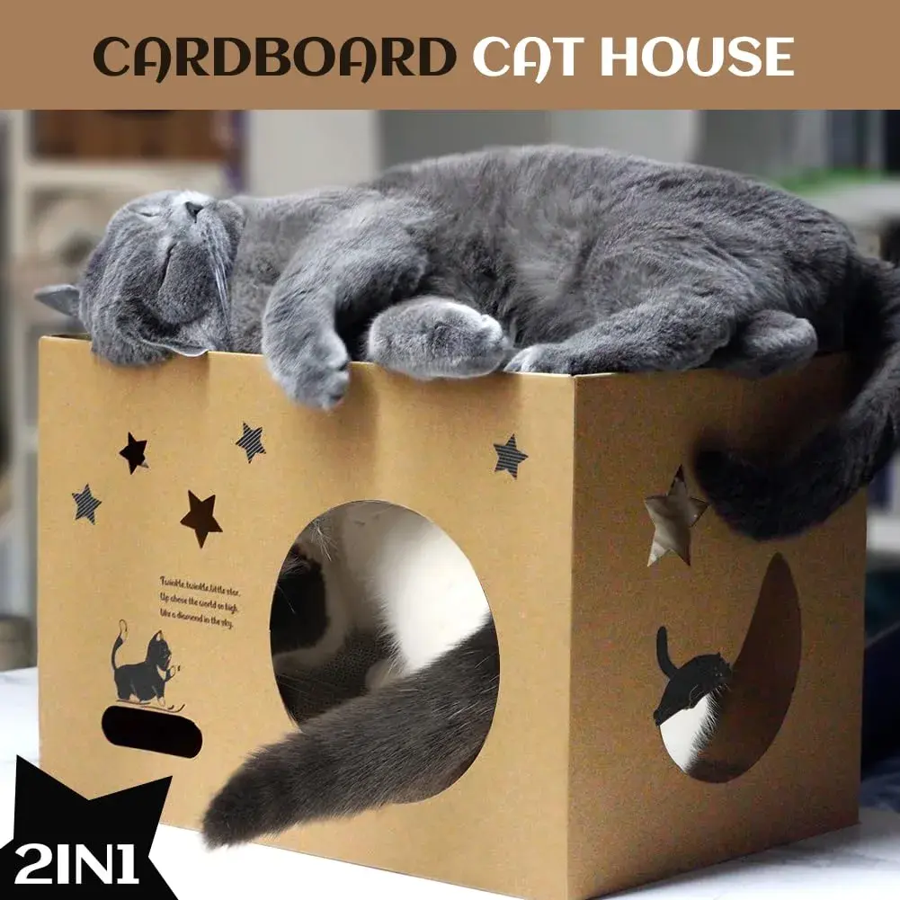 ARGOPET Cat Cardboard House with 2 Scratching Pads, 104cm x 61cm x 61cm (41"L x 24"W x 24"H) | Detachable Star Pattern Lounge - view 4