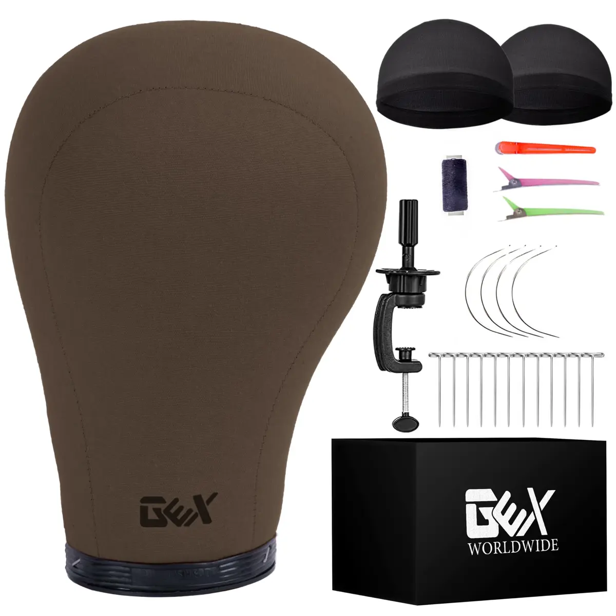GEXWORLDWIDE GEX 20"-24" Canvas Cork Wig Block Mannequin Head for Wig Making Drying Styling Display with Table C Clamp Stand Holder Dark Brown 24" | Stable Design - main product image