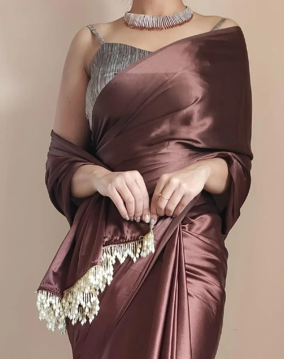 SHOPAZ Women's Ready to Wear Coffee Satin Silk Saree 5.5m | Unstitched Blouse, Ready Pleats, Comfortable Fit - view 4