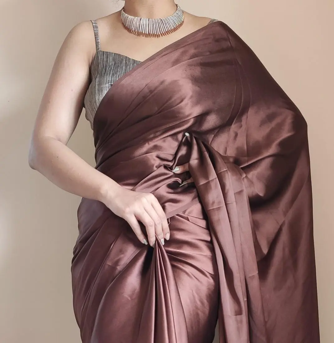 SHOPAZ Women's Ready to Wear Coffee Satin Silk Saree 5.5m | Unstitched Blouse, Ready Pleats, Comfortable Fit - view 2