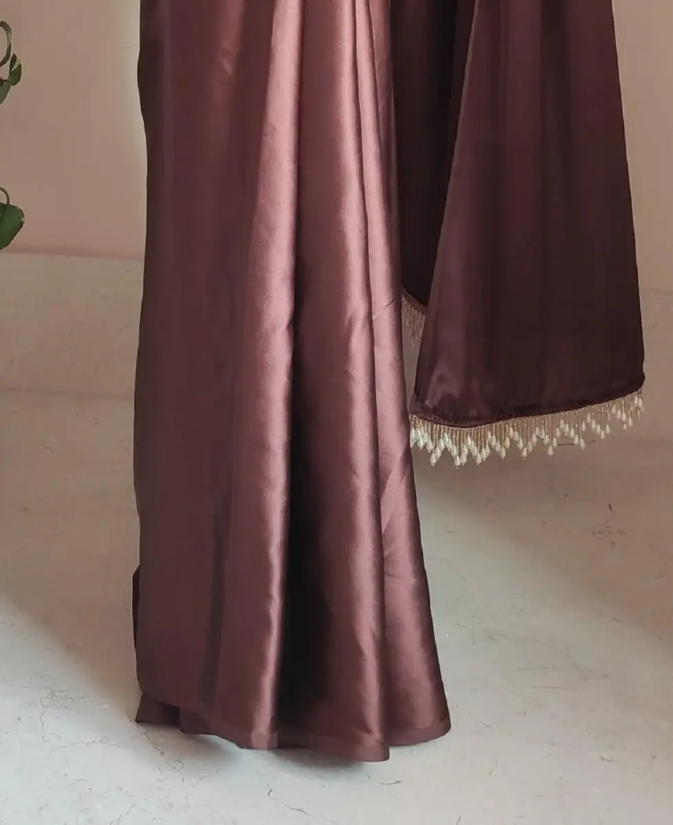 SHOPAZ Women's Ready to Wear Coffee Satin Silk Saree 5.5m | Unstitched Blouse, Ready Pleats, Comfortable Fit - view 3