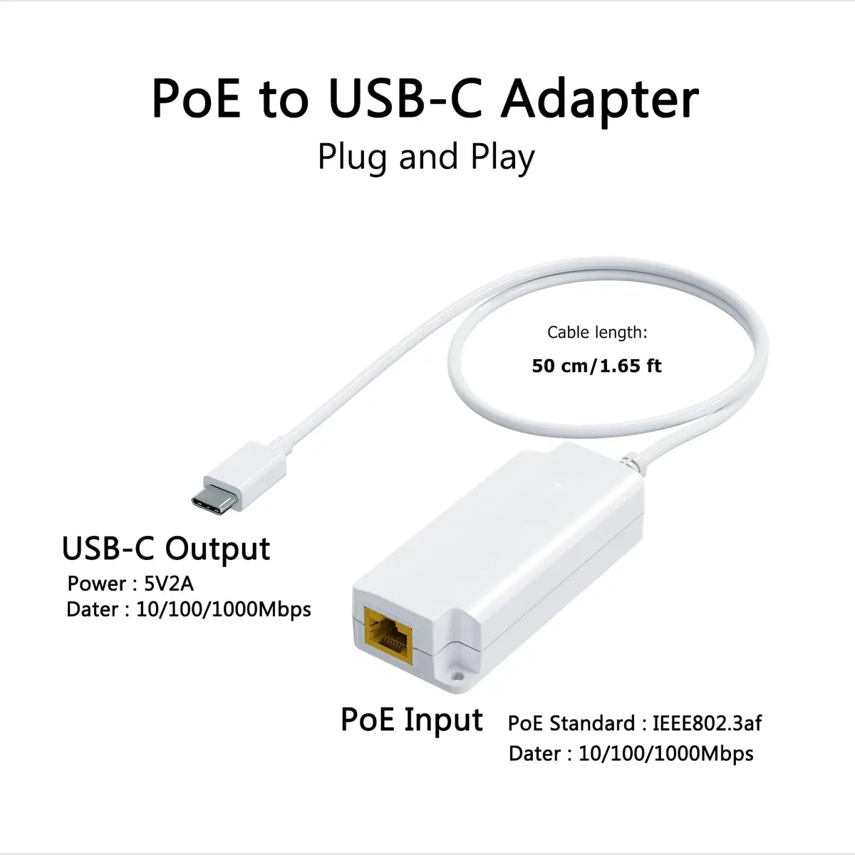 PROCET PoE System Gigabit PoE to USB-C Converter | 10W Charging & Ethernet Adapter - view 2