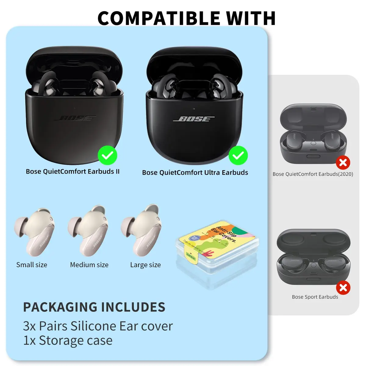 WOFRO White Headphone Earpad | Anti-Slip Silicone Ear Tips for Bose QC Earbuds II & Ultra (3 Pairs, S/M/L) - view 7