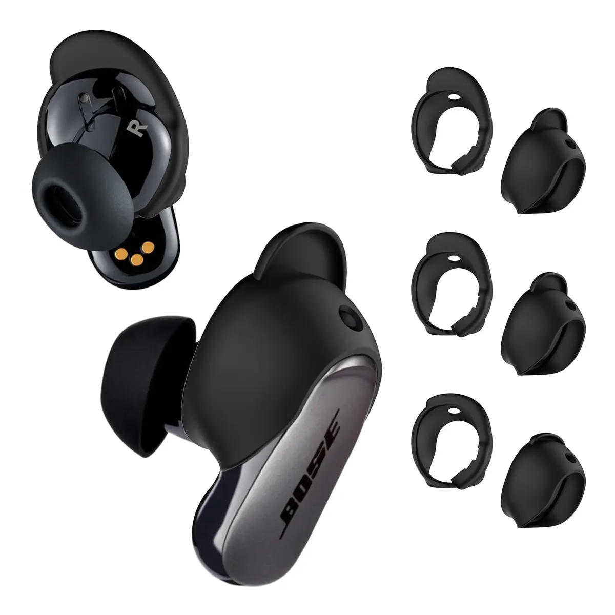 WOFRO Black Silicone Ear Tips Covers for Bose QuietComfort Earbuds II & Ultra | 3 Pairs (S/M/L) - main product image
