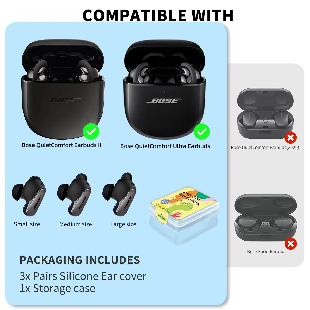 WOFRO Black Silicone Ear Tips Covers for Bose QuietComfort Earbuds II & Ultra | 3 Pairs (S/M/L) - view 7