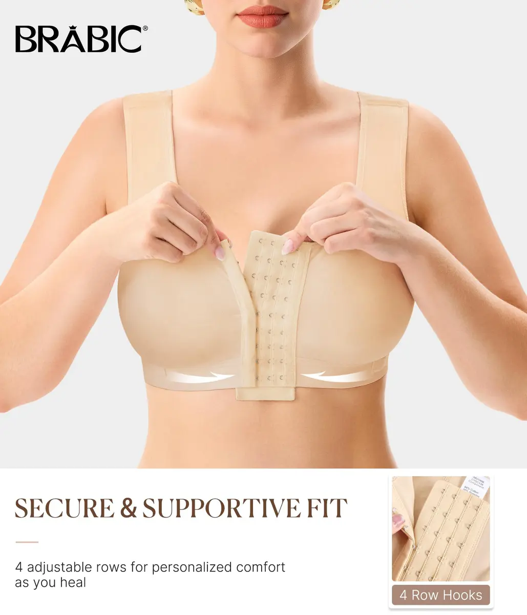BRABIC Women's Post Surgery Compression Bra with Front Closure & Adjustable Straps for Mastectomy Recovery, Beige Medium | Full Coverage - view 2