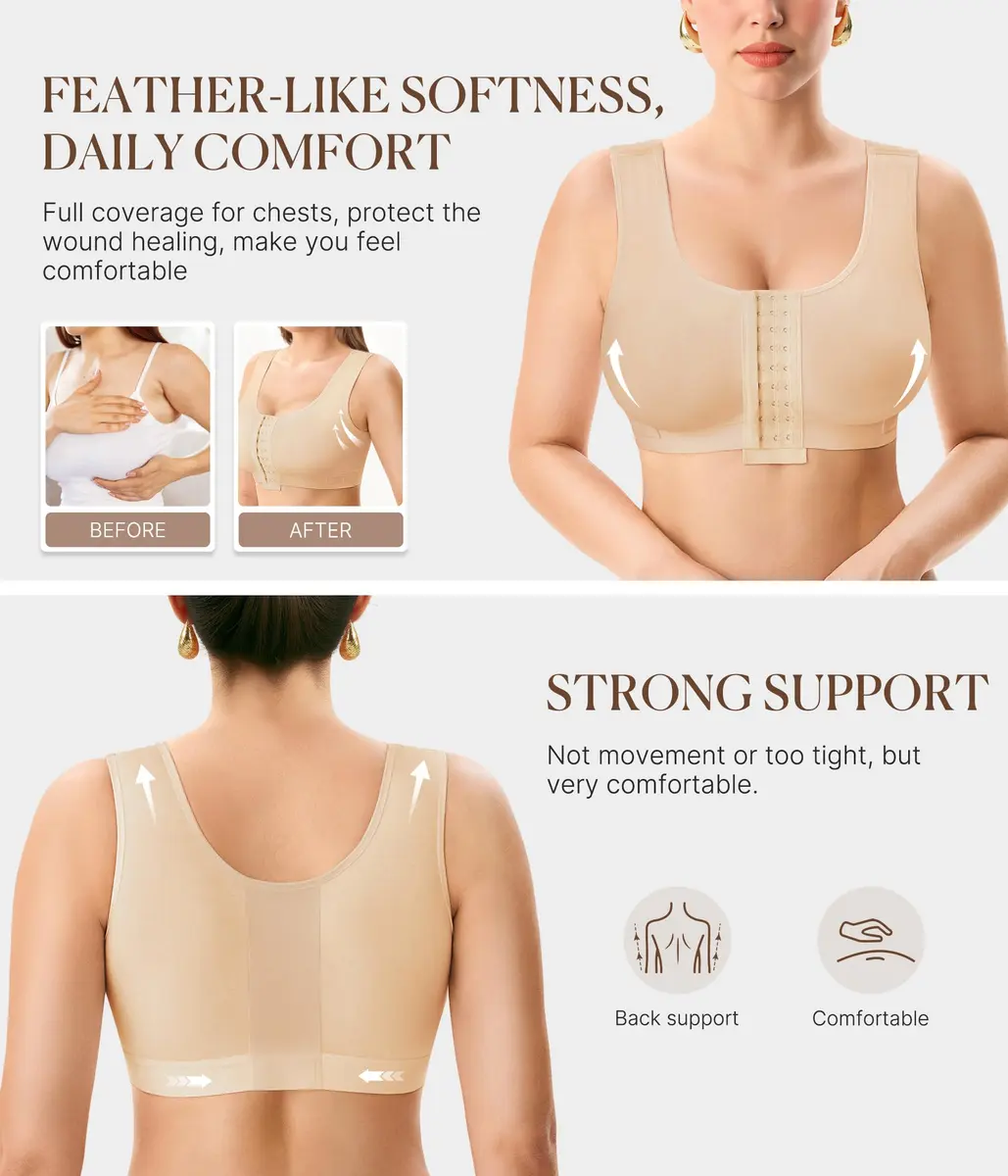 BRABIC Women's Post Surgery Compression Bra with Front Closure & Adjustable Straps for Mastectomy Recovery, Beige Medium | Full Coverage - view 3