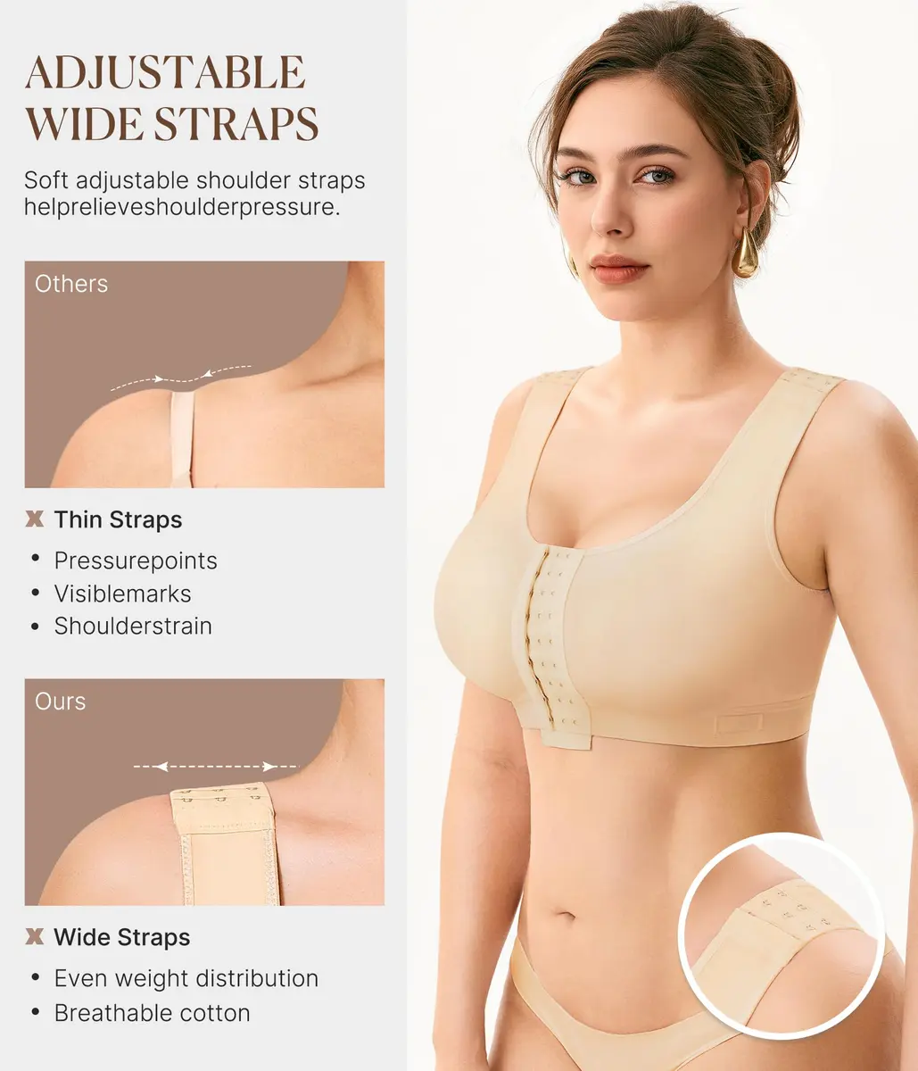 BRABIC Women's Post Surgery Compression Bra with Front Closure & Adjustable Straps for Mastectomy Recovery, Beige Medium | Full Coverage - view 4