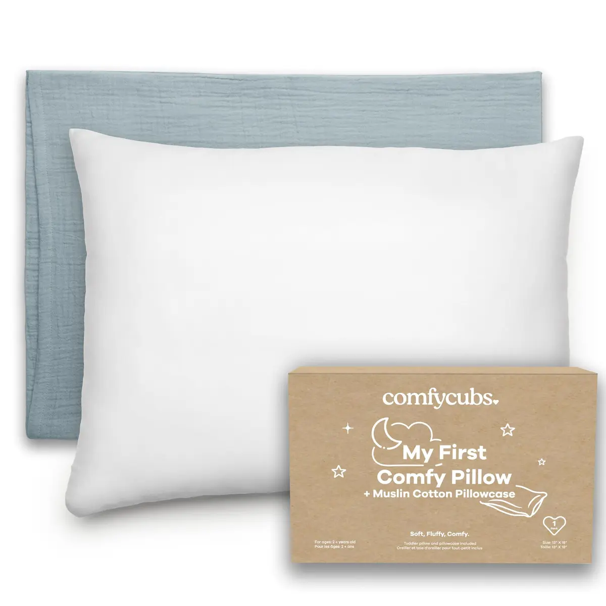 Comfy Cubs Toddler Pillow with Muslin Pillowcase 33cm x 46cm (13"x18") | Soft Microfiber Fill for Sleeping & Travel - main product image