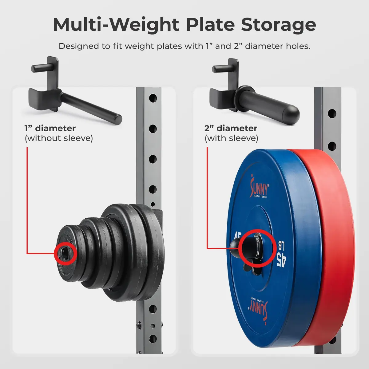 Sunny Health & Fitness Weight Plate Storage Attachment SF-XFA010 | 1.3 kg (2.9 lb) Holder, 45 kg (100 lb) Capacity, Adjustable Height - view 2