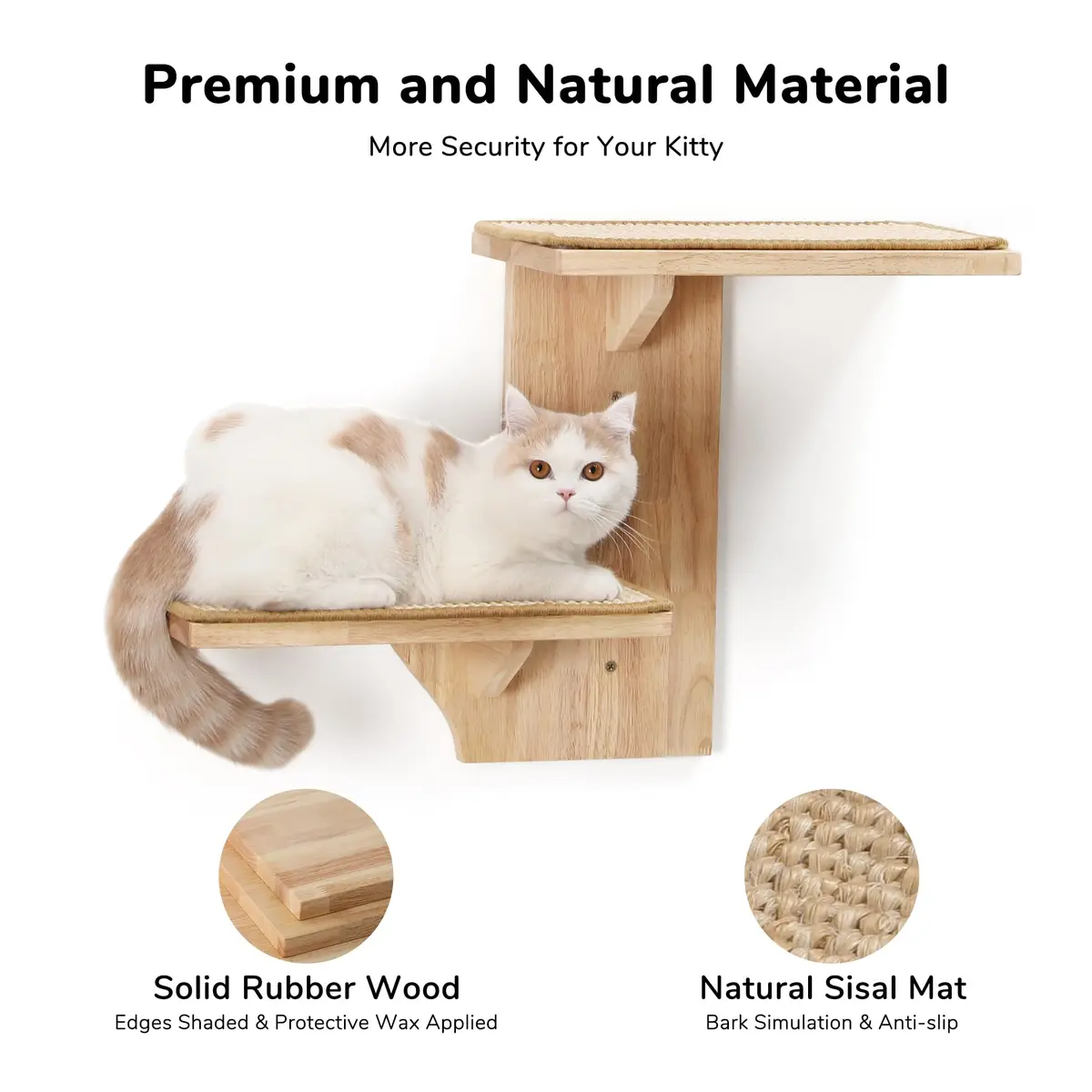 FUKUMARU Cat Wall Shelves, 2 Platform Tree Shape Wall-Mounted Shelf, Sisal Mat, Rubber Wood, Suitable for 16 Inch Drywall, Climb, Play, Nap - view 5
