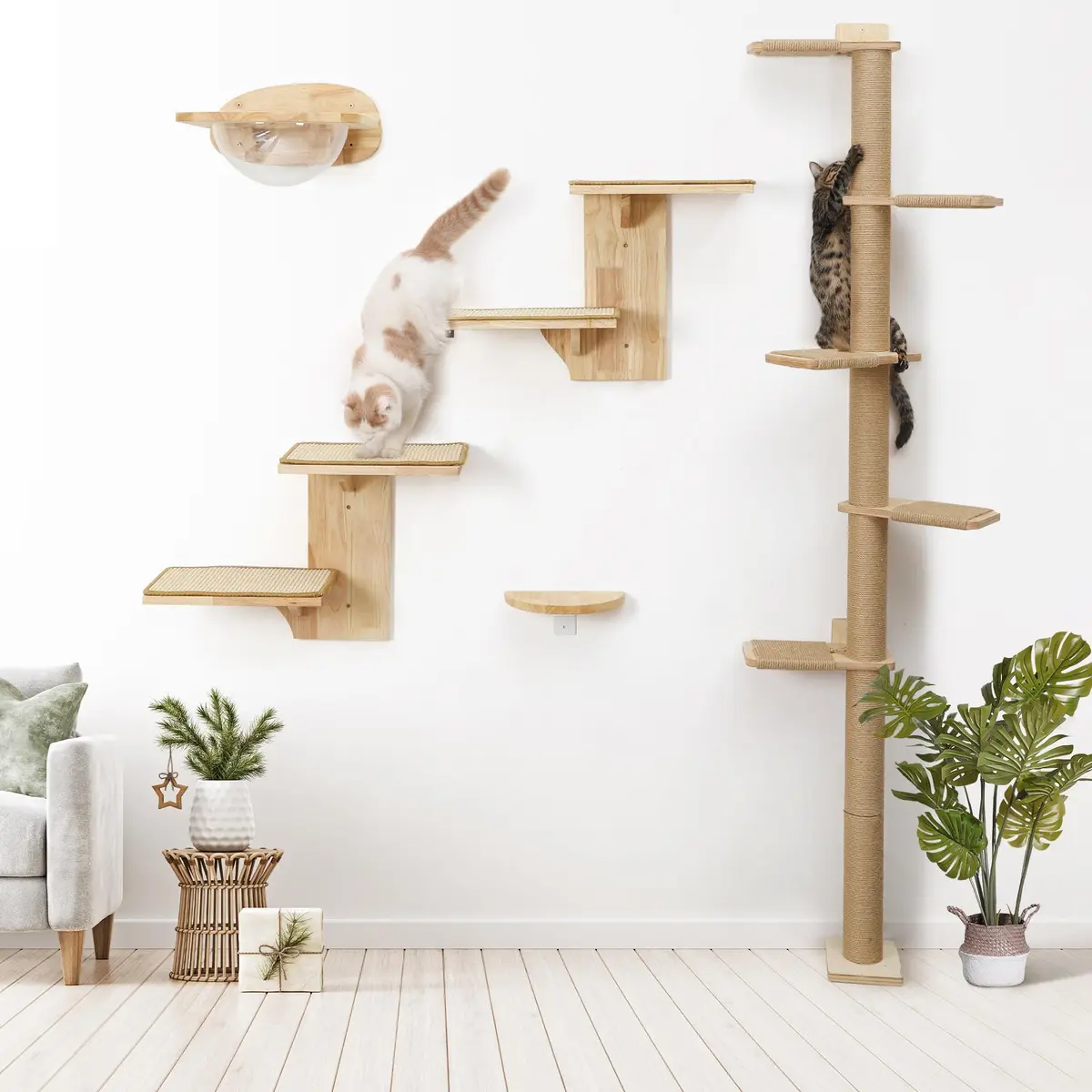 FUKUMARU Cat Wall Shelves, 2 Platform Tree Shape Wall-Mounted Shelf, Sisal Mat, Rubber Wood, Suitable for 16 Inch Drywall, Climb, Play, Nap - view 6