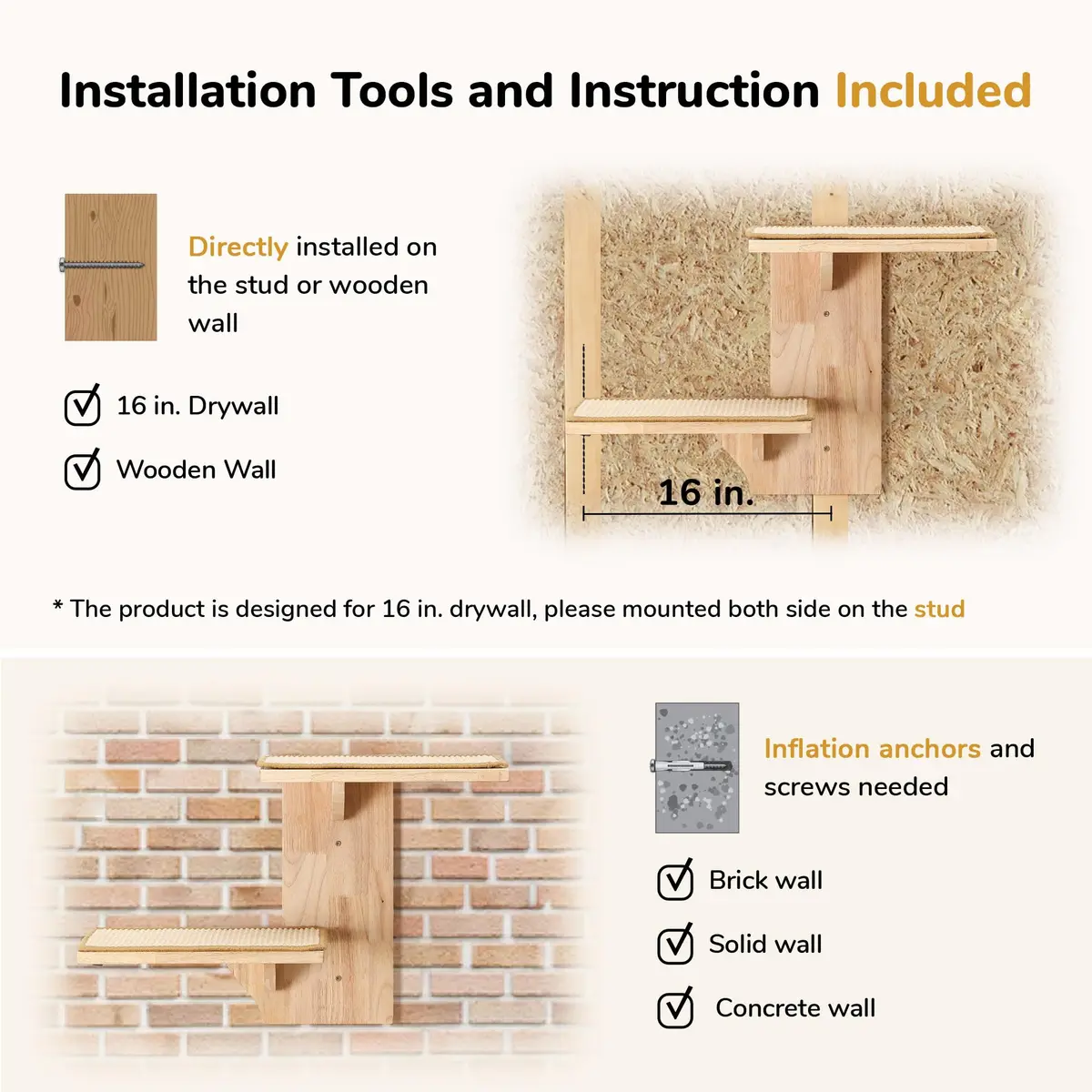 FUKUMARU Cat Wall Shelves, 2 Platform Tree Shape Wall-Mounted Shelf, Sisal Mat, Rubber Wood, Suitable for 16 Inch Drywall, Climb, Play, Nap - view 7