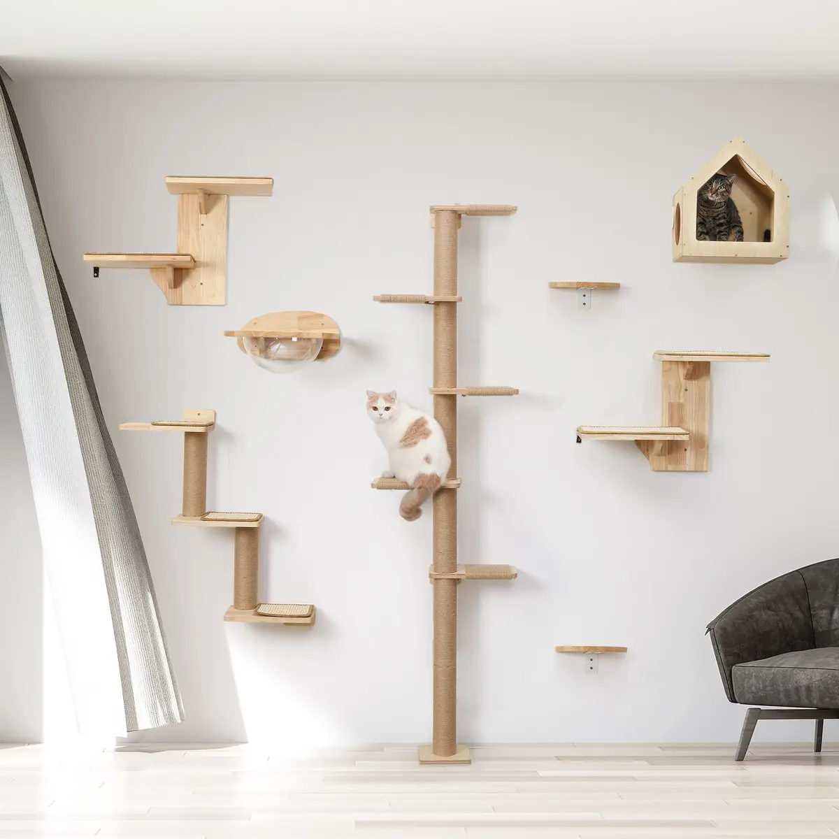 FUKUMARU Cat Wall Shelves, 2 Platform Tree Shape Wall-Mounted Shelf, Sisal Mat, Rubber Wood, Suitable for 16 Inch Drywall, Climb, Play, Nap - view 8