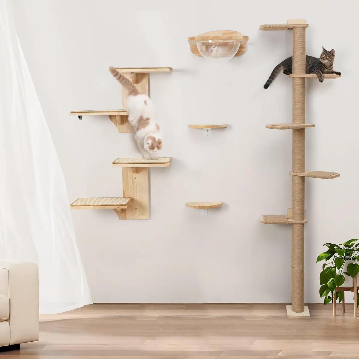 FUKUMARU Cat Wall Shelves, 2 Platform Tree Shape Wall-Mounted Shelf, Sisal Mat, Rubber Wood, Suitable for 16 Inch Drywall, Climb, Play, Nap - view 9