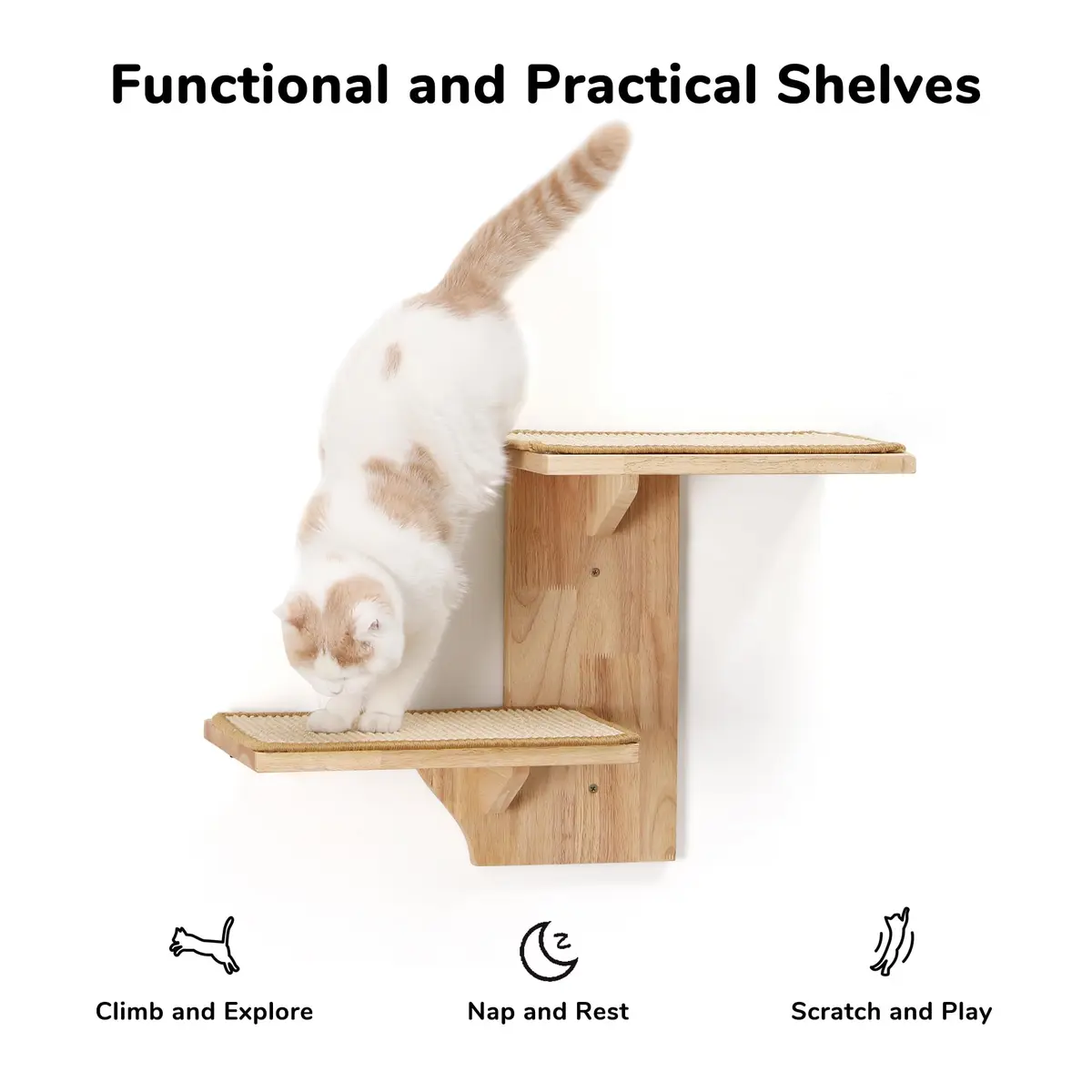 FUKUMARU Cat Wall Shelves, 2 Platform Tree Shape Wall-Mounted Shelf, Sisal Mat, Rubber Wood, Suitable for 16 Inch Drywall, Climb, Play, Nap - view 3