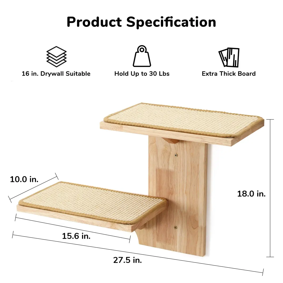 FUKUMARU Cat Wall Shelves, 2 Platform Tree Shape Wall-Mounted Shelf, Sisal Mat, Rubber Wood, Suitable for 16 Inch Drywall, Climb, Play, Nap - view 4