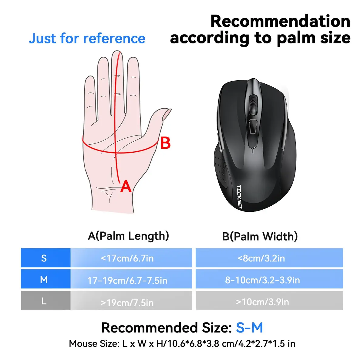 TECKNET Wireless Mouse, BT 5.0/2.4G, Rechargeable 6-DPI Silent, Black | Ergonomic for Small-Medium Hands - view 4