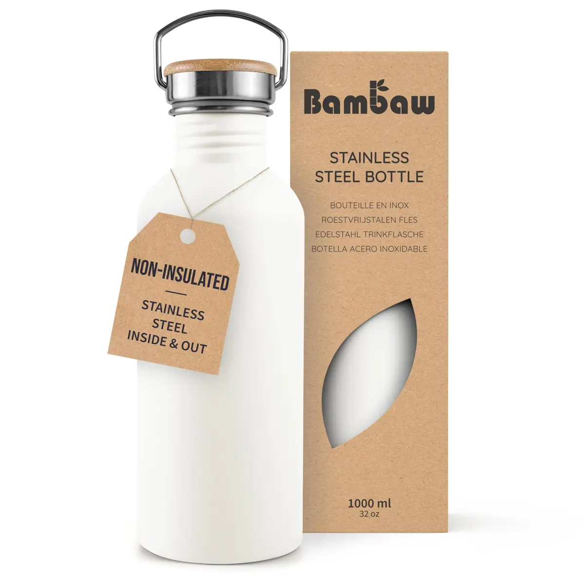 Bambaw Metal Water Bottle 1L | Reusable Stainless Steel Sports Bottle, Polar White, Leakproof & Eco-Friendly (70-120 chars) - main product image