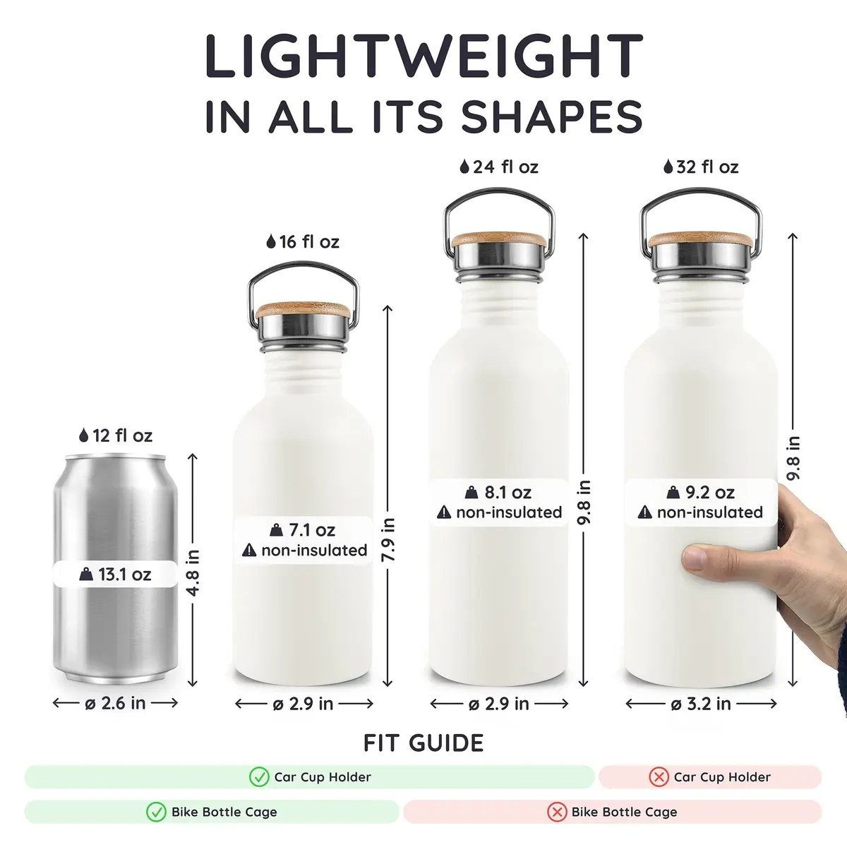 Bambaw Metal Water Bottle 1L | Reusable Stainless Steel Sports Bottle, Polar White, Leakproof & Eco-Friendly (70-120 chars) - view 5