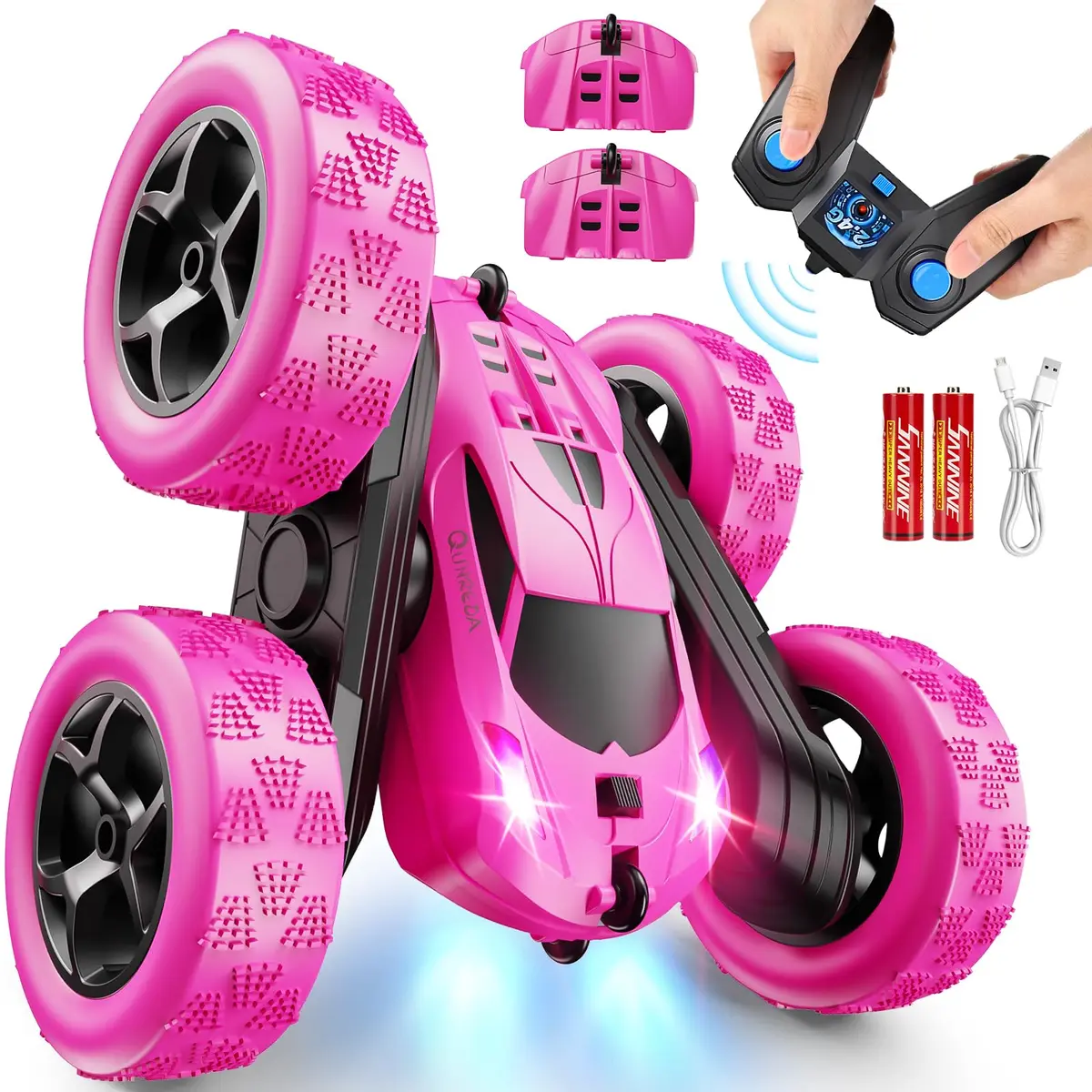 QUNREDA RC Stunt Car for Girls, Rose 6.3"x6.3"x2.9" | Double Sided 360° Rotating Crawler with 50 Min Playtime - main product image