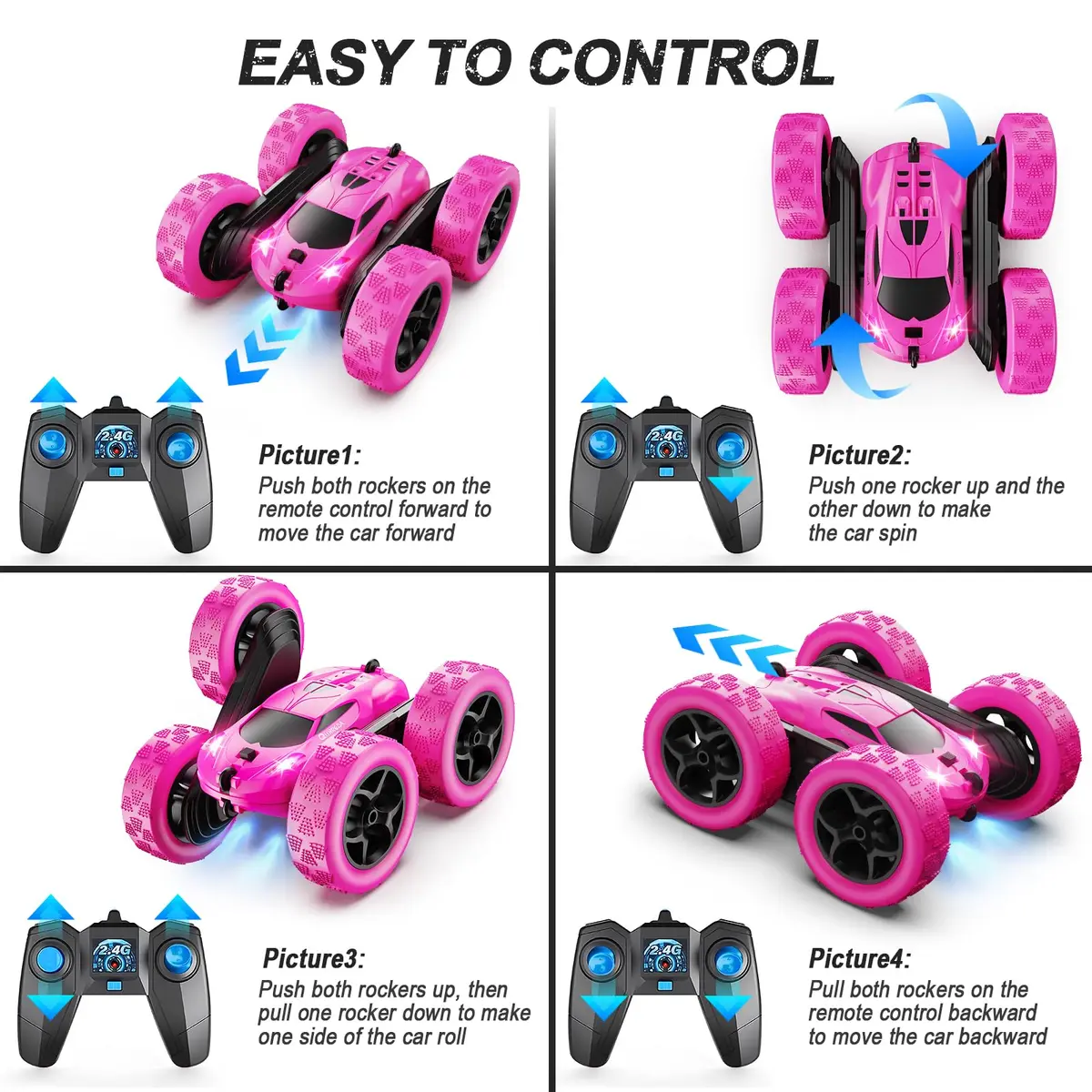 QUNREDA RC Stunt Car for Girls, Rose 6.3"x6.3"x2.9" | Double Sided 360° Rotating Crawler with 50 Min Playtime - view 6
