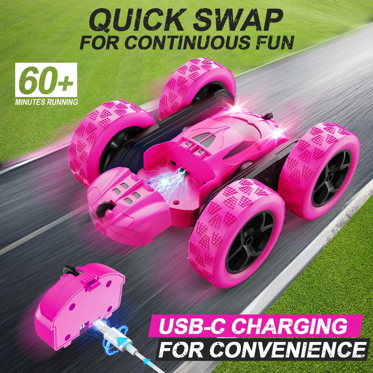 QUNREDA RC Stunt Car for Girls, Rose 6.3"x6.3"x2.9" | Double Sided 360° Rotating Crawler with 50 Min Playtime - view 2
