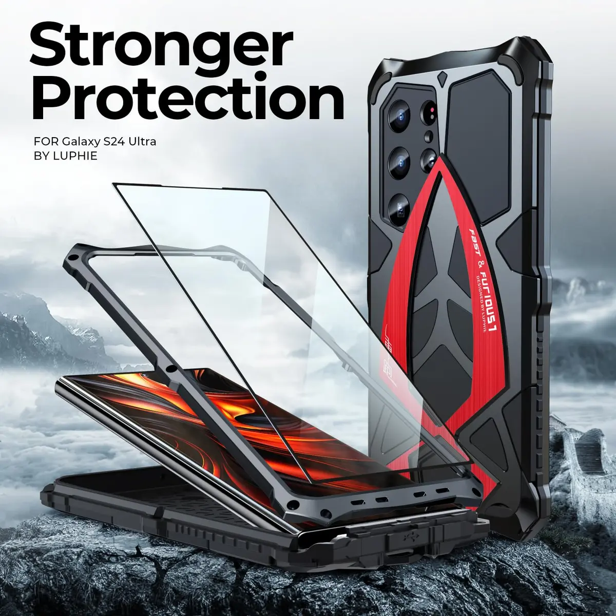 Lunivop Heavy Duty Case for Samsung Galaxy S24 Ultra (6.8 inch) | Military Grade Protection, Black Red - view 3