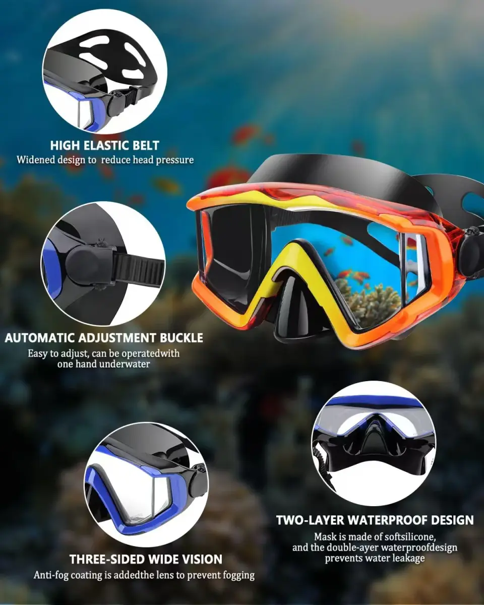 AQUA A DIVE SPORTS Adult Diving Mask with Anti-Fog Single Lens | 180° Wide View Orange - view 4