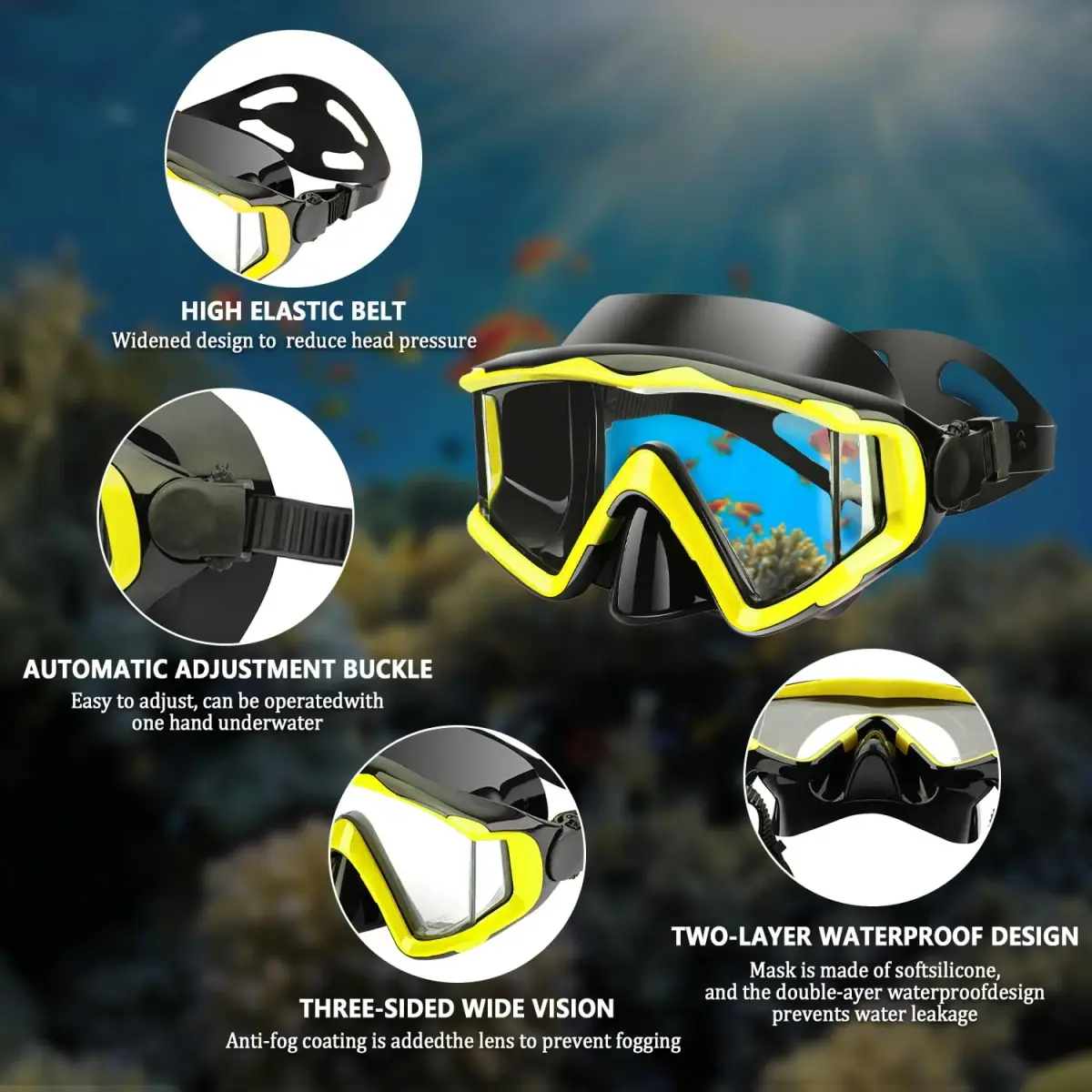 AQUA A DIVE SPORTS One-Piece Lens Diving Mask Yellow Black | Wide 180° Field of View - view 4