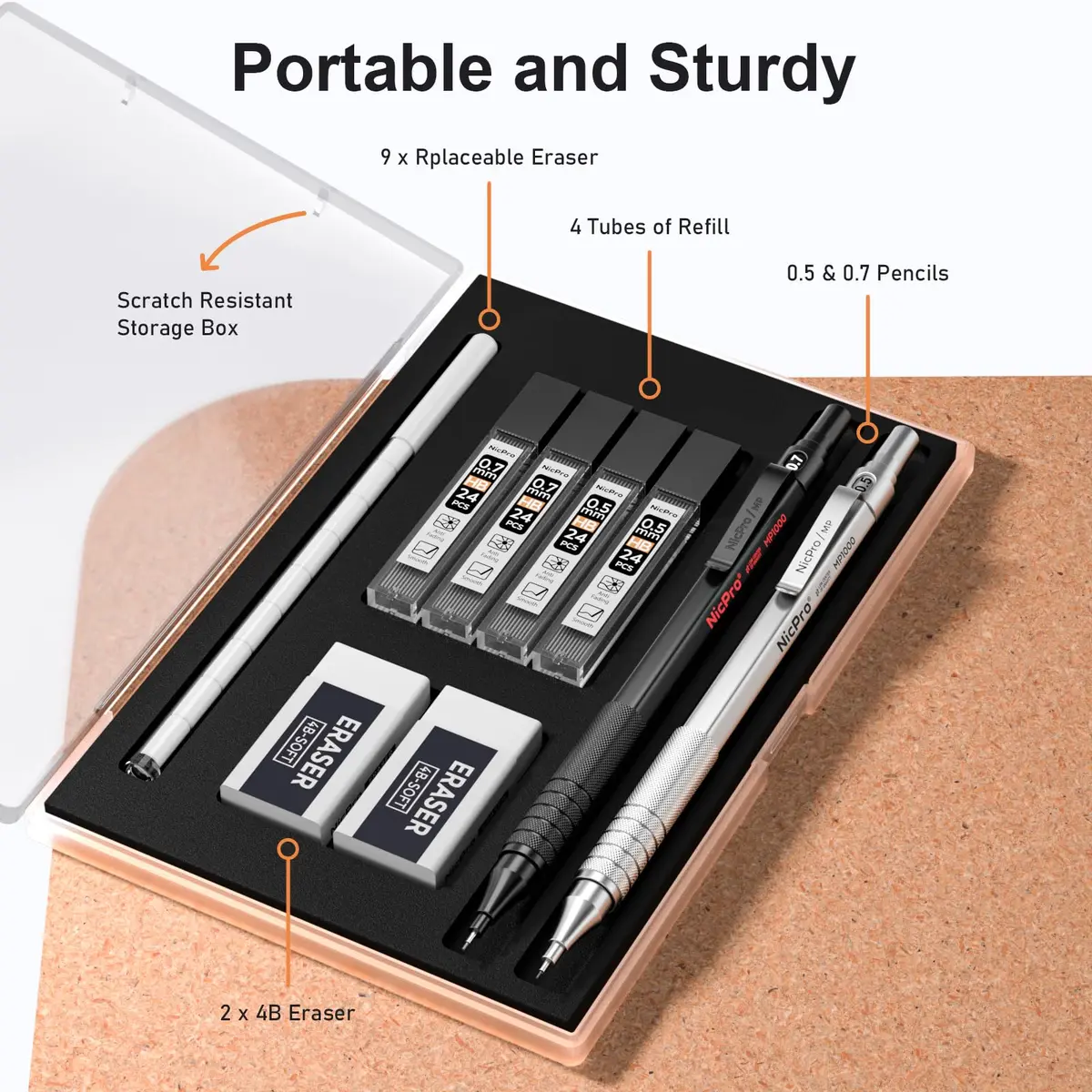 Nicpro Full Metal Mechanical Pencils 0.5mm & 0.7mm Set with Case | Smooth Writing & Drafting - view 7