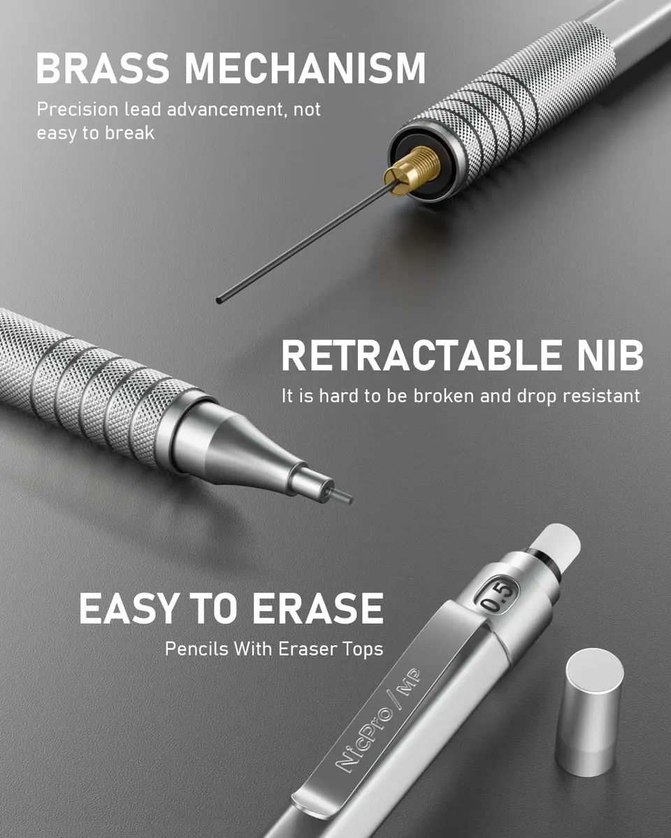 Nicpro Full Metal Mechanical Pencils 0.5mm & 0.7mm Set with Case | Smooth Writing & Drafting - view 8