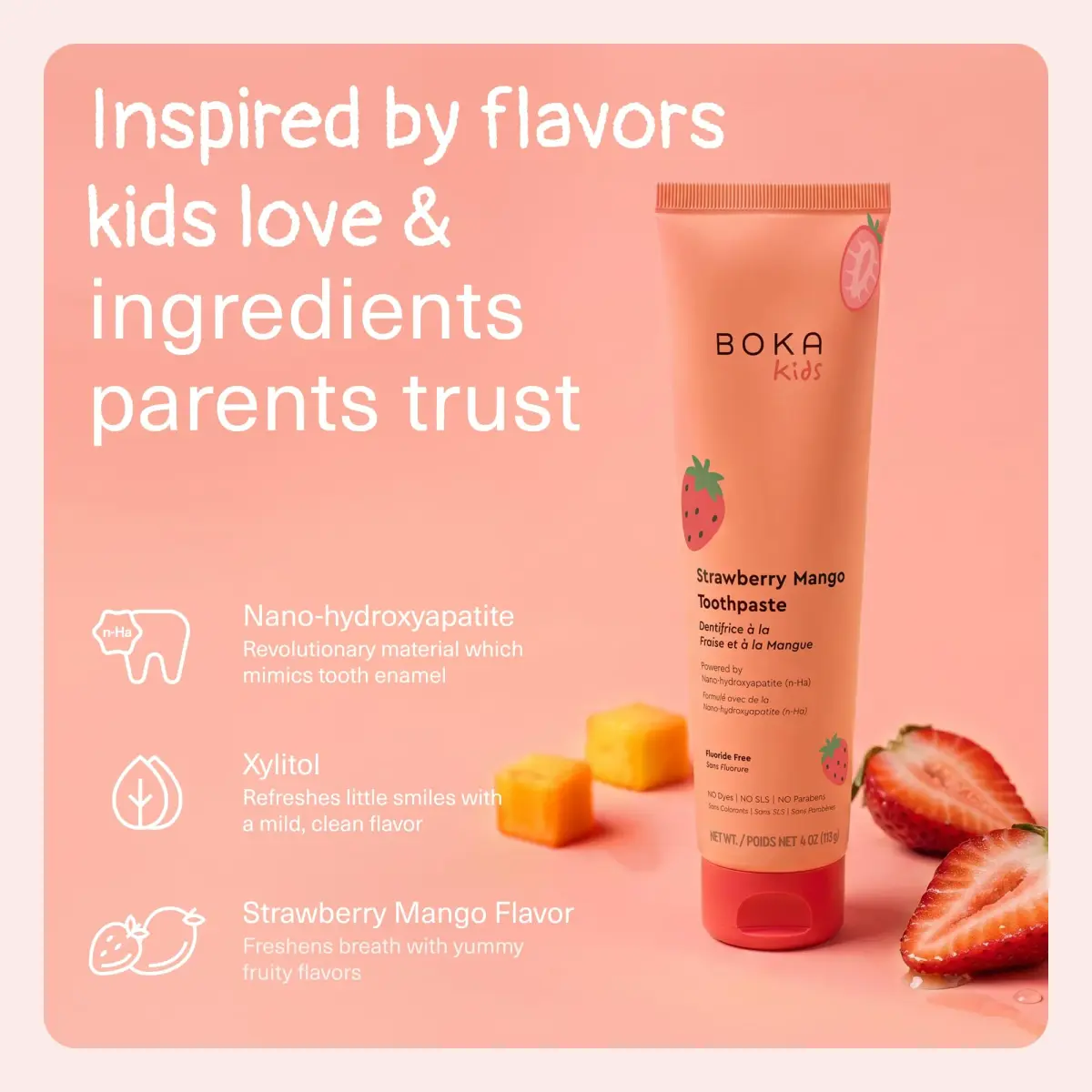 Boka Kids Toothpaste Strawberry Mango Nano Hydroxyapatite Fluoride-Free 4 oz (113 g) | Dentist Recommended for Enamel Care - view 2
