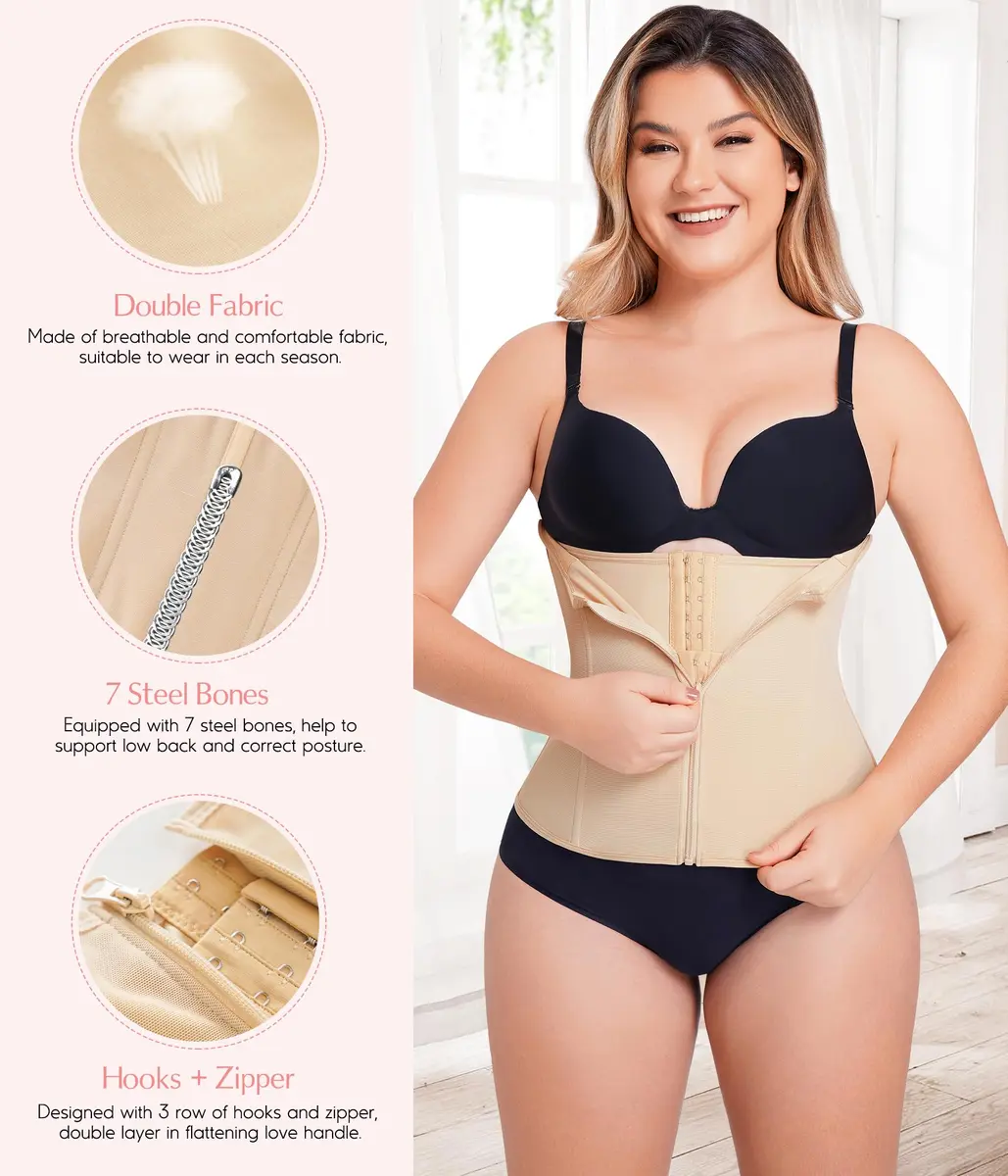MERYOSZ Waist Trainer Corset Zipper Tummy Control Shapewear for Women, Beige XL | Breathable Body Shaper with Steel Bones - view 2