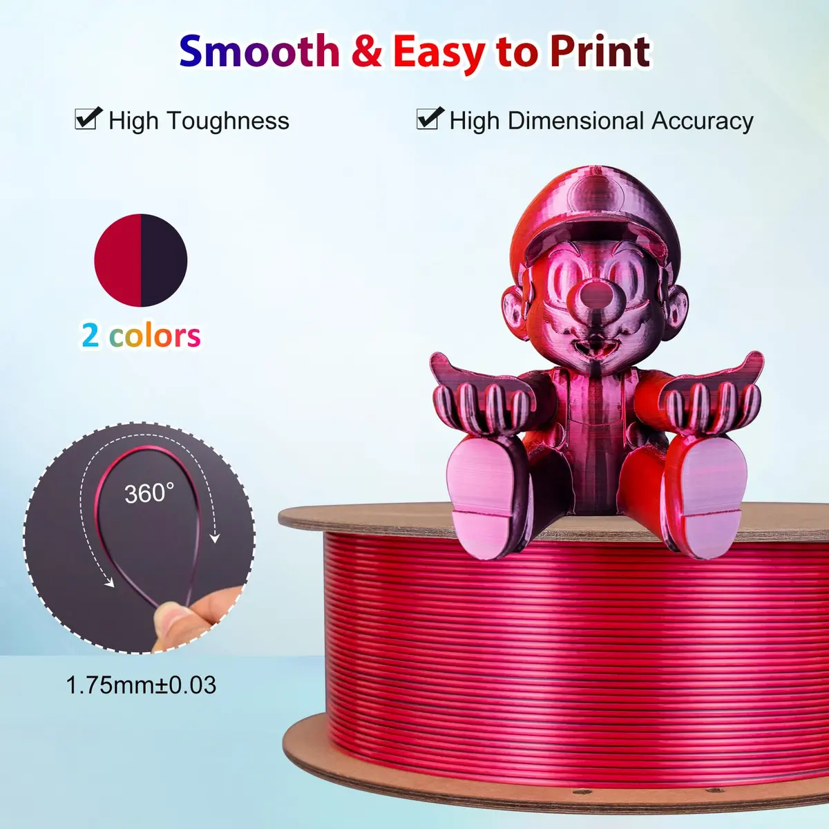 3Dgenius Silk Dual Color PLA Filament 1.75mm | 2-in-1 Multicolor, Clog-Free, 1KG Spool - view 2