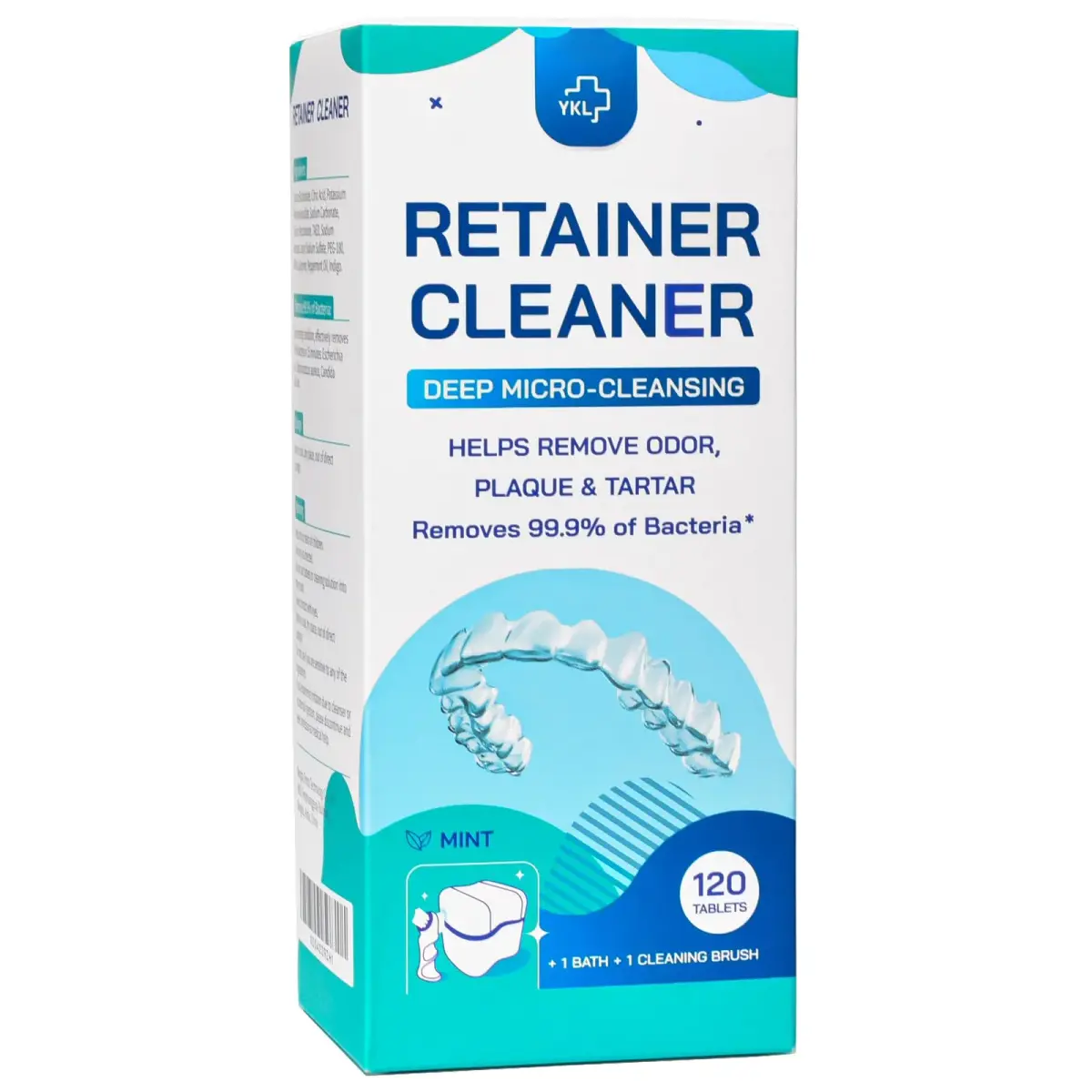 YKL Retainer & Denture Cleaner Kit with 120 Tablets & Guard Bath Cup | 10.38cm L x 9.09cm W x 23.79cm H - main product image