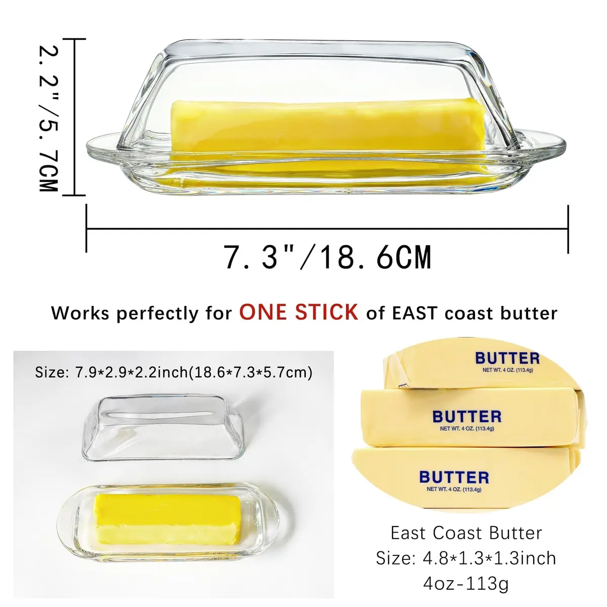 QFkris Clear Glass Butter Dish with Lid for Countertop | 18.5cm (7.3") Rectangular Crystal Butter Keeper - view 4