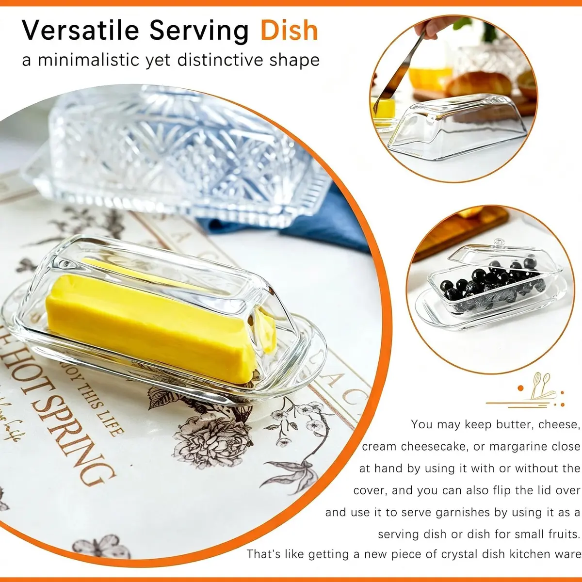 QFkris Clear Glass Butter Dish with Lid for Countertop | 18.5cm (7.3") Rectangular Crystal Butter Keeper - view 6
