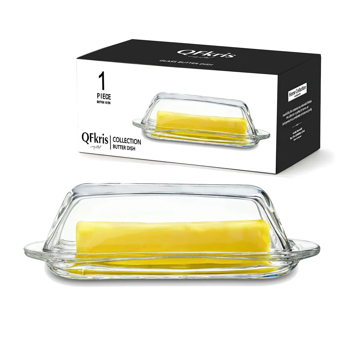 QFkris Clear Glass Butter Dish with Lid for Countertop | 18.5cm (7.3") Rectangular Crystal Butter Keeper - view 8