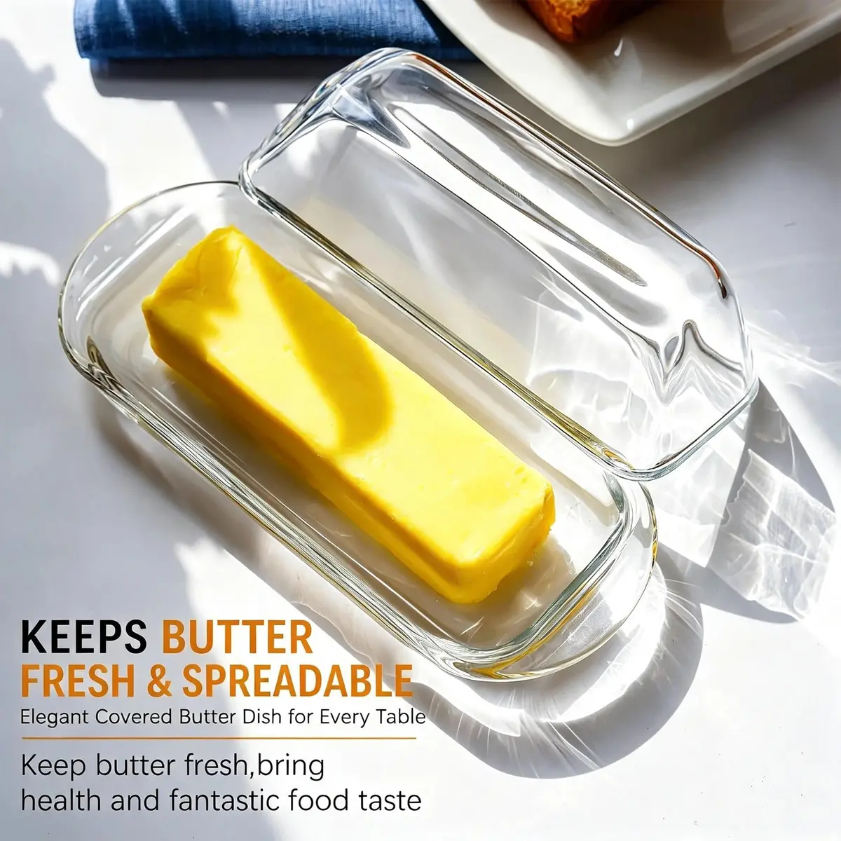 QFkris Clear Glass Butter Dish with Lid for Countertop | 18.5cm (7.3") Rectangular Crystal Butter Keeper - view 2