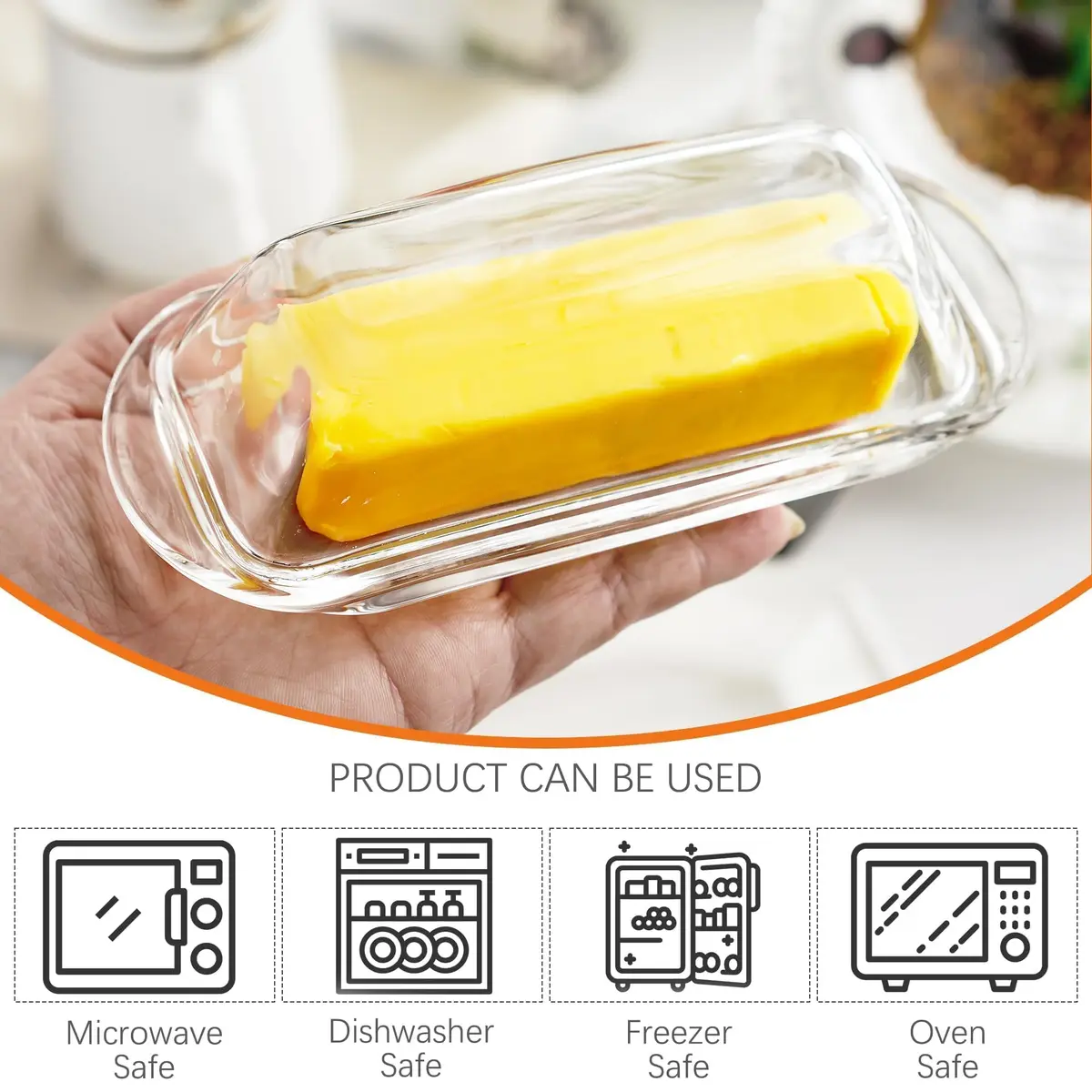QFkris Clear Glass Butter Dish with Lid for Countertop | 18.5cm (7.3") Rectangular Crystal Butter Keeper - view 3