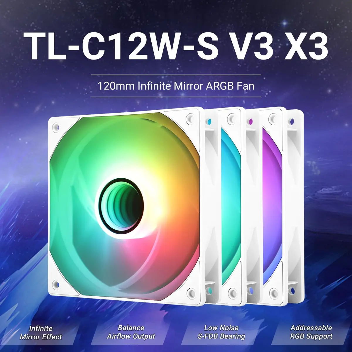 Thermalright TL-C12W-S V3 CPU Fan 120mm Case Cooler Fan ARGB, 4pin PWM, Silent, 3-Pack | Mirror Light Effect with S-FDB Bearing - view 2
