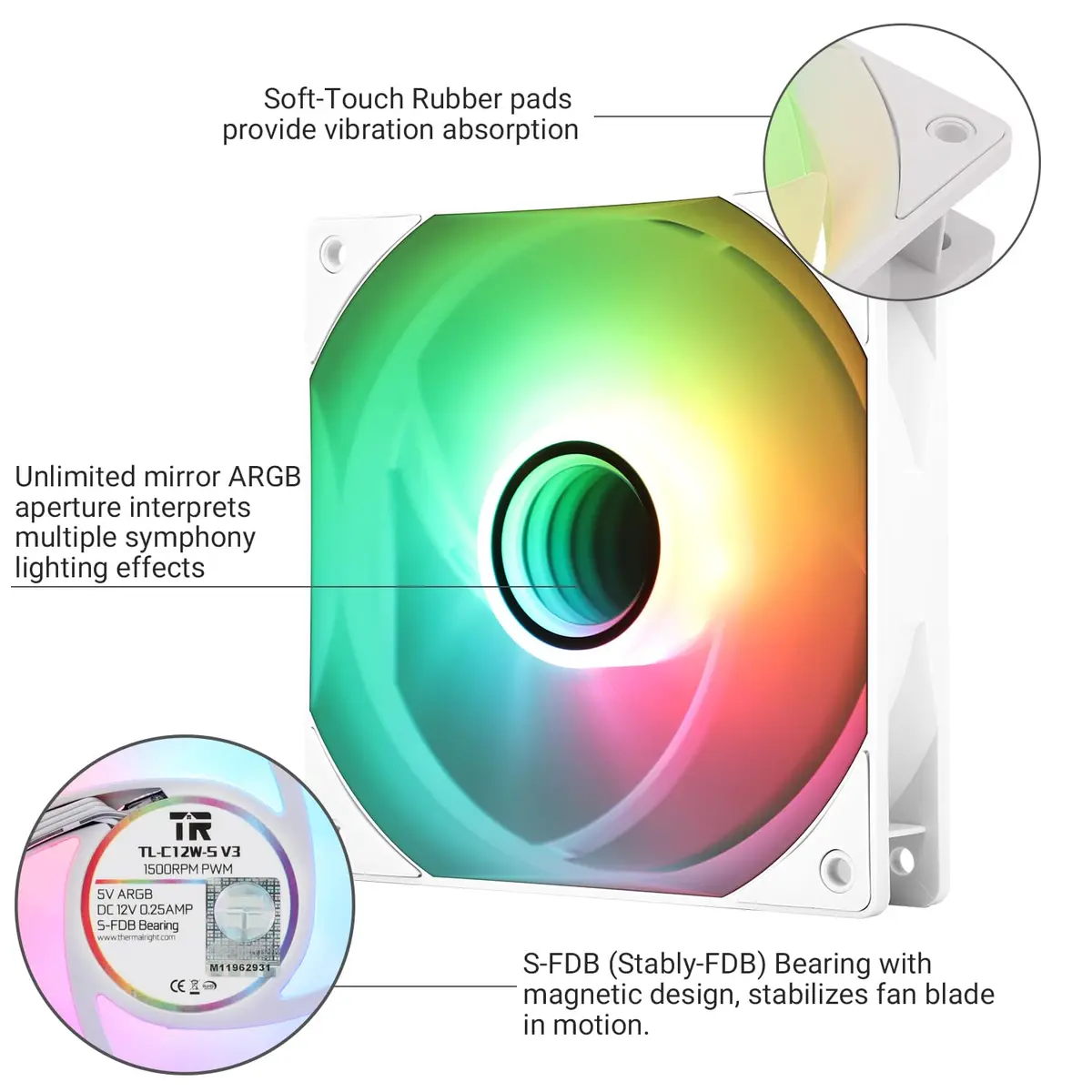 Thermalright TL-C12W-S V3 CPU Fan 120mm Case Cooler Fan ARGB, 4pin PWM, Silent, 3-Pack | Mirror Light Effect with S-FDB Bearing - view 4