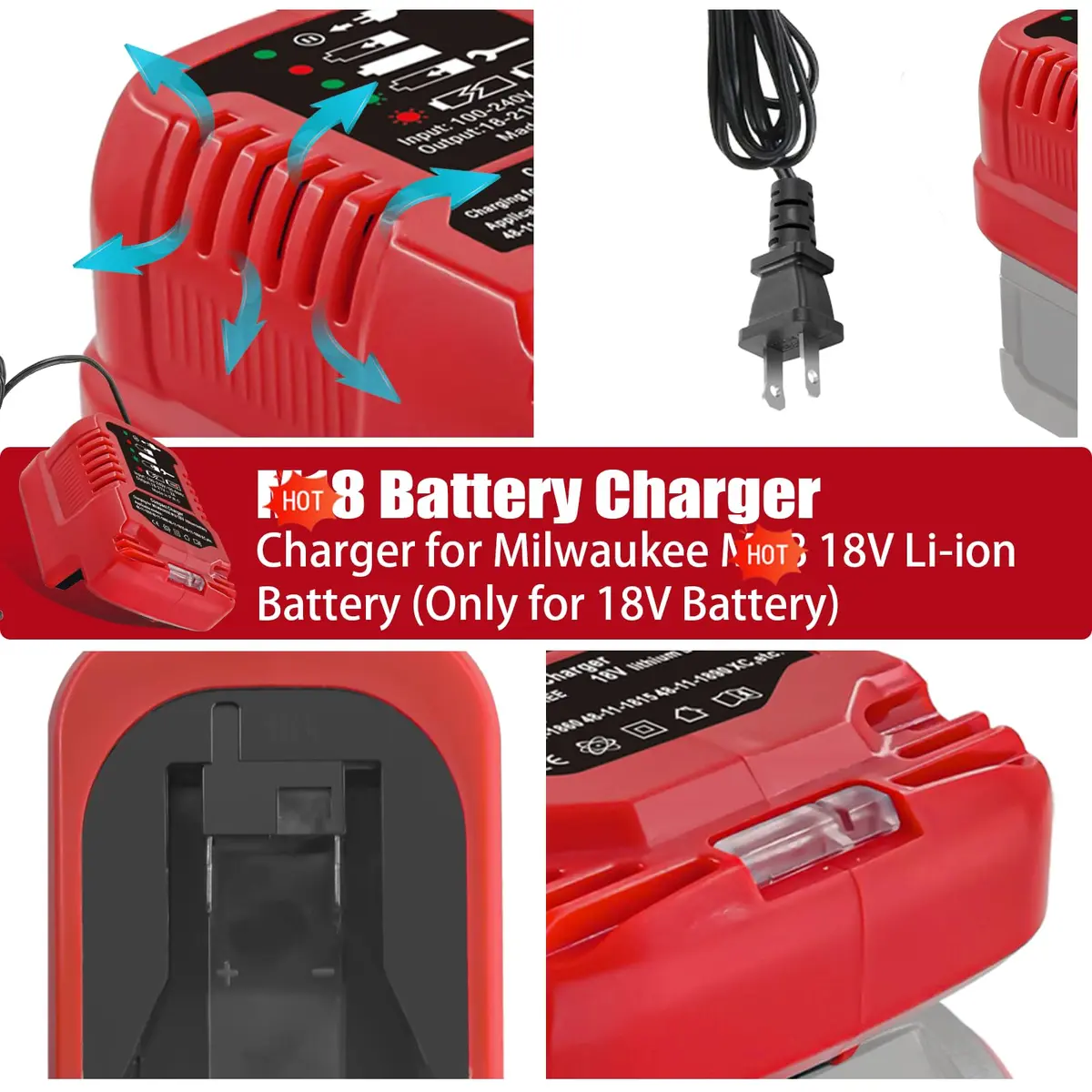 TPDL Mini Charger for Milwaukee M18 18V Battery | Compact 2A Output, 100-240V Input - view 7