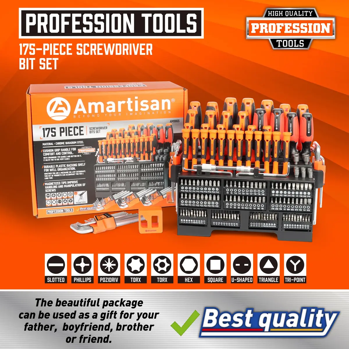 Amartisan 175-Piece Magnetic Screwdriver Set with Plastic Racking & Tools | 6150 Cr-V Steel Shafts - view 2