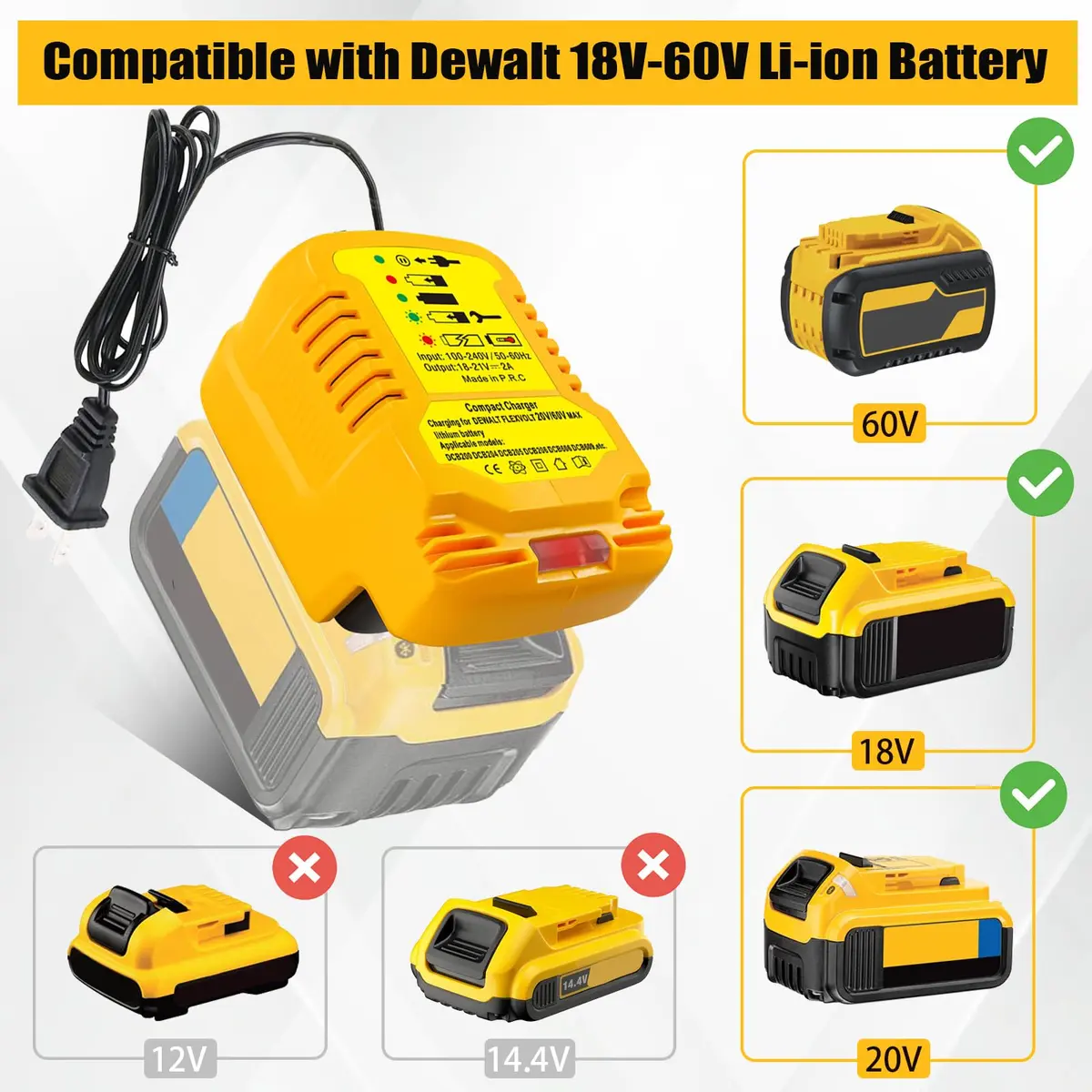 TPDL Mini Portable DCB112 Charger for Dewalt 20V/60V MAX Batteries | Compact 2A Output, 100-240V Input - view 4