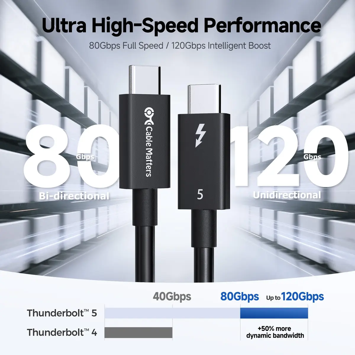 Cable Matters Thunderbolt 5 Cable 1m | 80Gbps Data & 120Gbps Video, 240W PD Support, Black - view 3